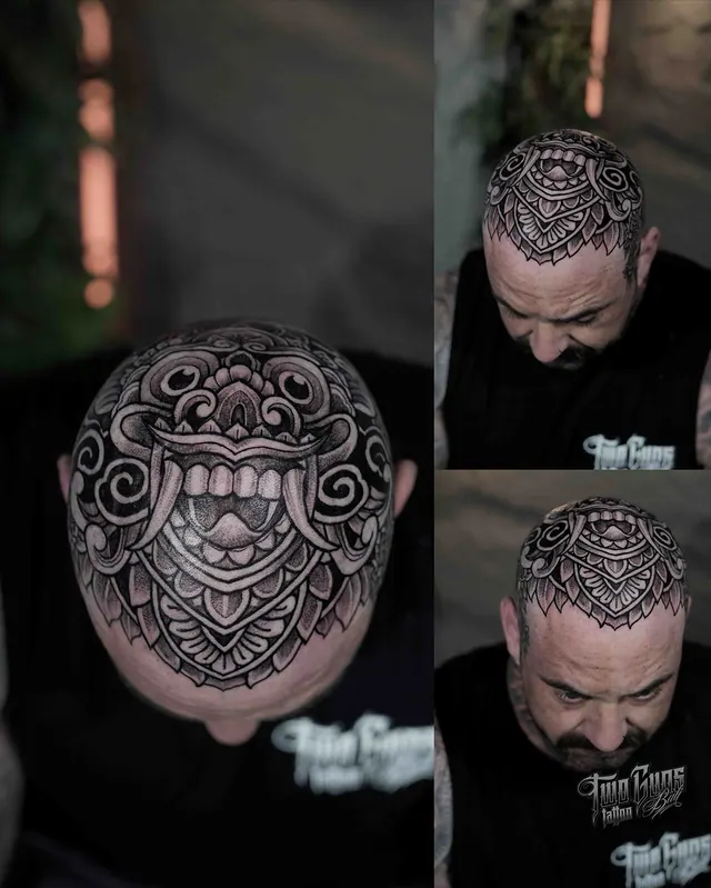 Dotwork Balinese Barong mask tattoo across the scalp with ornamental mandala shading