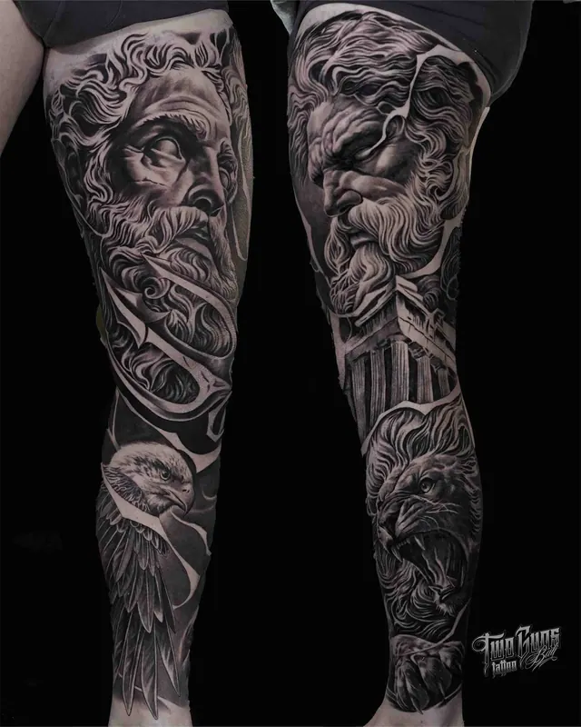 Black and grey realism full leg sleeve tattoos of Greek gods and statues