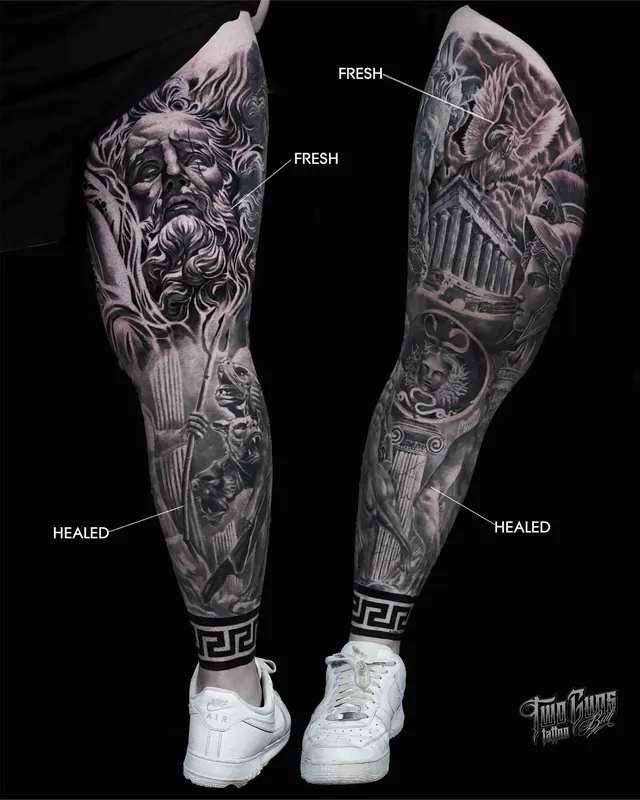 Black and grey realism leg sleeve tattoos of Greek statues, shown fresh and healed