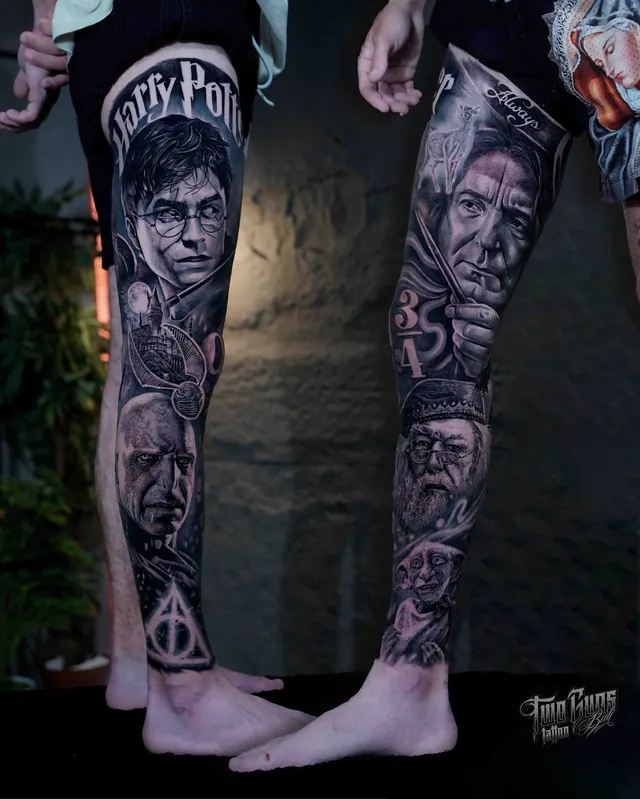 Black and grey realism leg sleeve tattoos of Harry Potter portraits