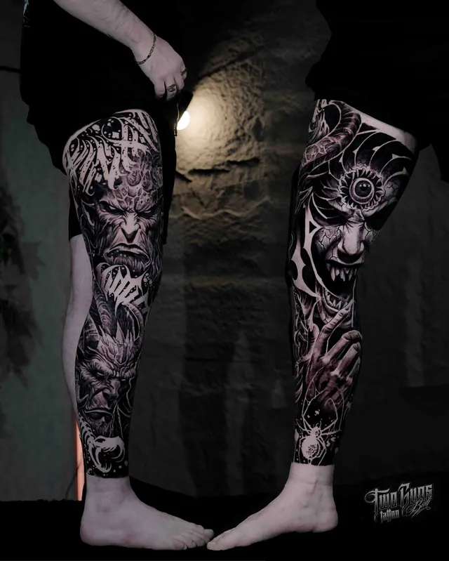 Black and grey realism leg sleeve tattoos of faces with ornamental geometry