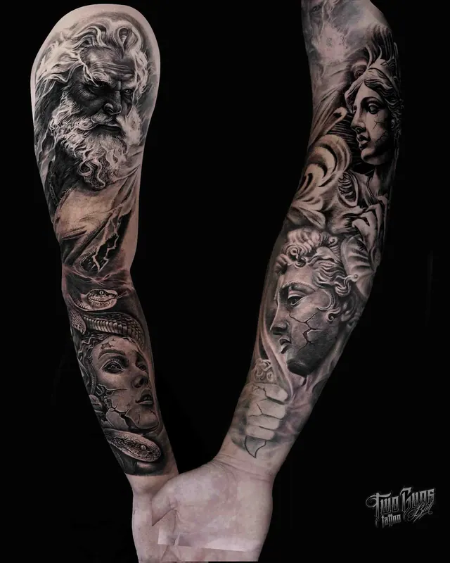 Black and grey realism arm sleeve tattoos of Greek mythological figures