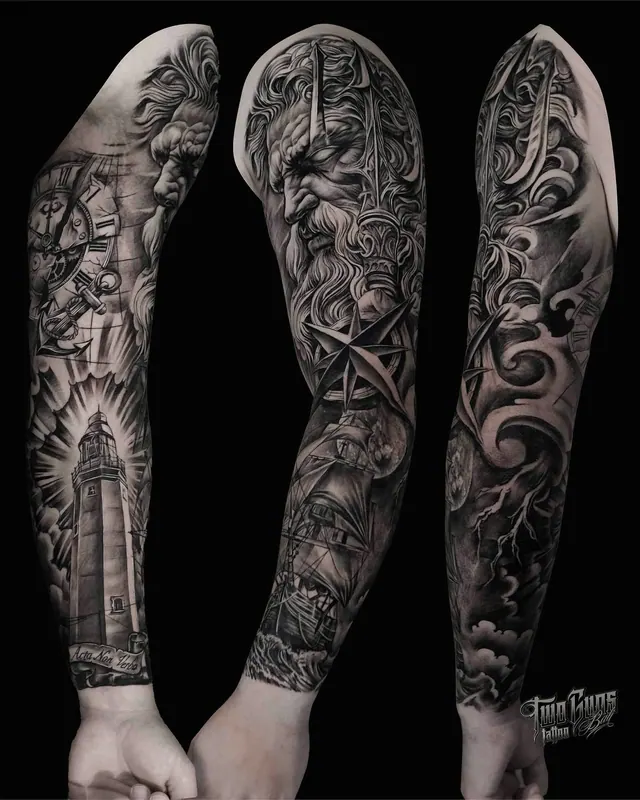 Black and grey realism full arm sleeve tattoo with a lighthouse and statue faces
