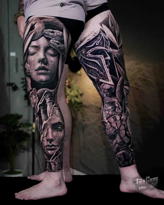 Black and grey realism leg sleeve tattoo of a woman's face with an ornamental cross