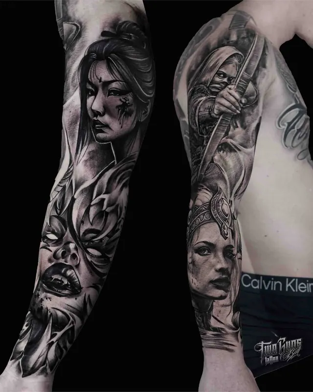 Black and grey realism arm sleeve tattoo of a woman's face and a lion