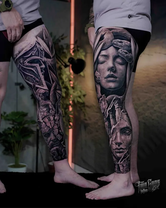 Black and grey realism leg sleeve tattoos of women's faces on both legs