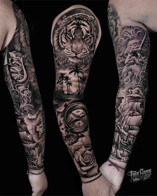Black and grey realism full sleeve tattoo of a tiger and a compass, three angles