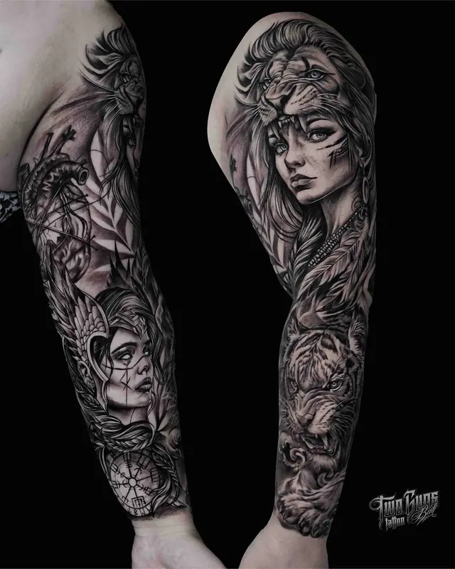 Black and grey realism arm sleeve tattoo of a woman in a headdress with roses