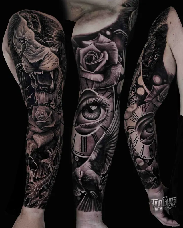 Black and grey full arm sleeve tattoo with a gargoyle, rose and clock, three angles