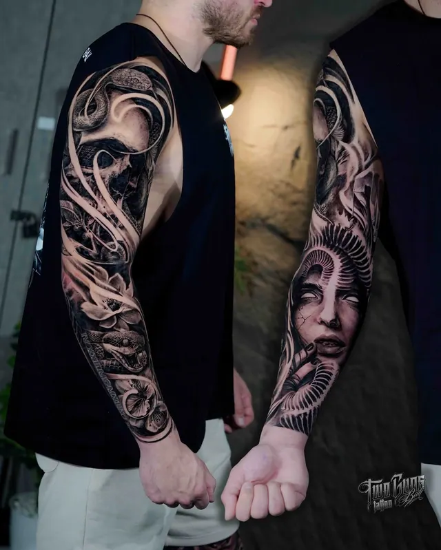 Black and grey full arm sleeve tattoos with a woman's face, shown on two clients