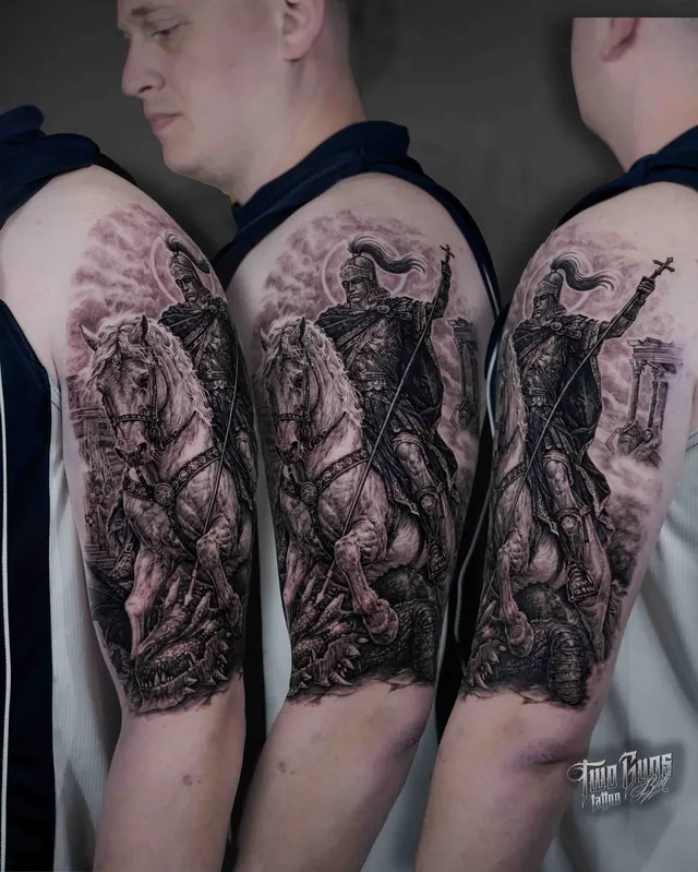 Black and grey upper arm tattoo of a warrior on horseback, three angles