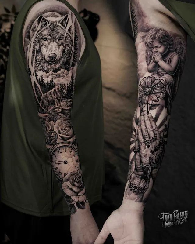 Black and grey realism arm sleeve tattoos of a wolf, a clock and a statue