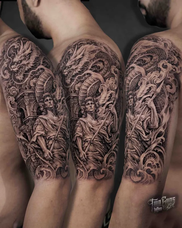 Black and grey ornamental upper arm sleeve tattoo, shown from three angles