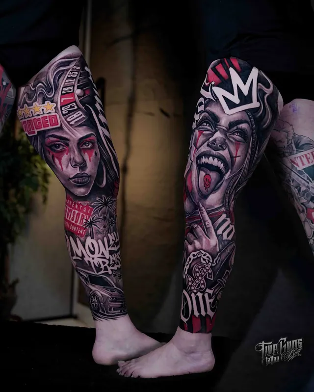 Leg sleeve tattoos of comic book characters in black and grey with red accents