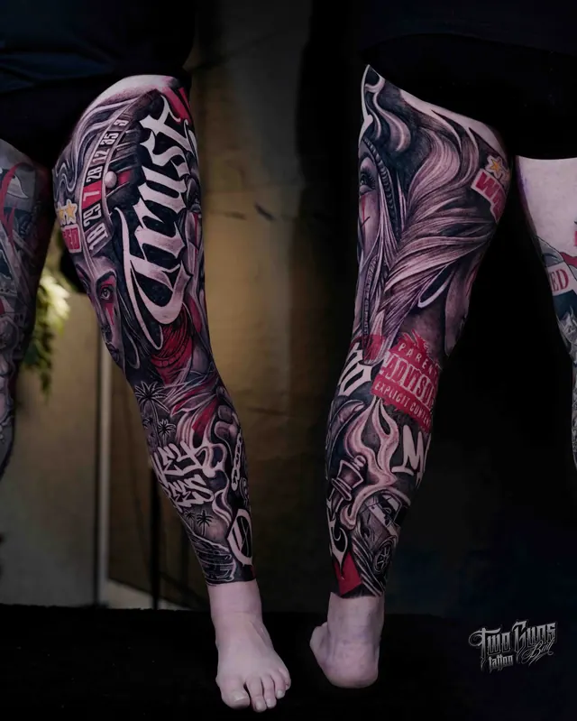 Black and grey leg sleeve tattoos with chicano lettering and red accents