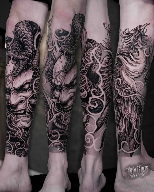 Black and grey Japanese lower leg sleeve tattoos shown from four angles