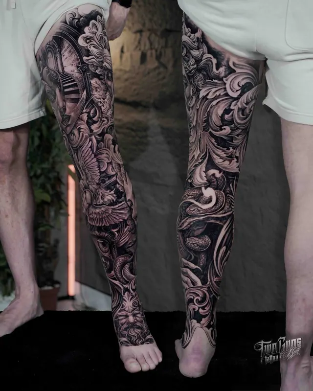Black and grey Japanese leg sleeve tattoos on both legs