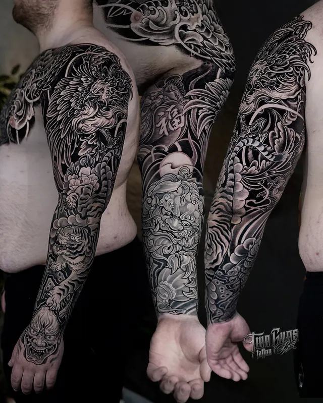 Black and grey Japanese full sleeve tattoo shown from three angles
