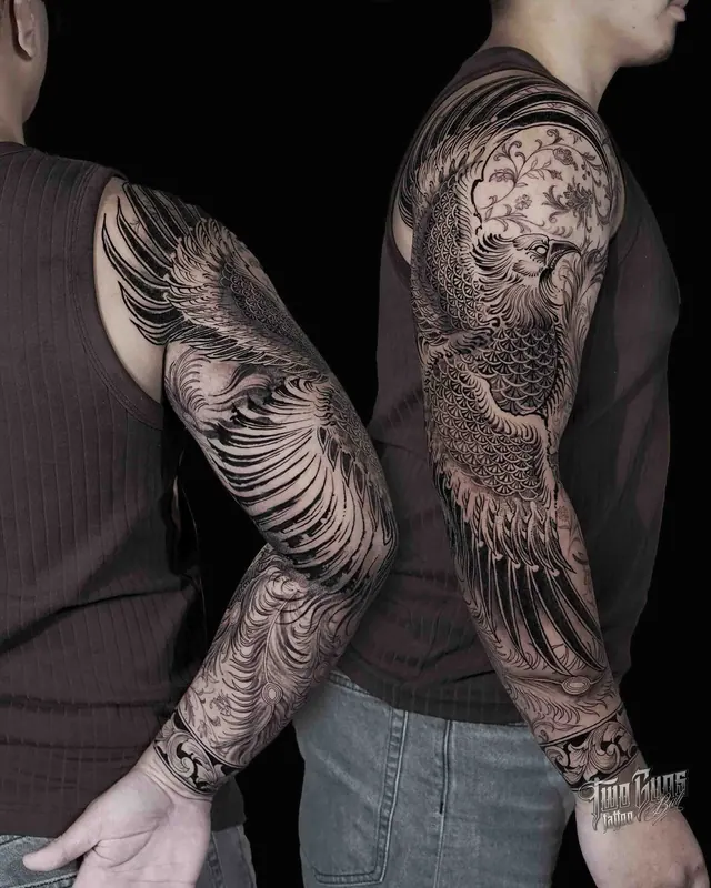 Black and grey Japanese phoenix full sleeve tattoo, shown from two angles
