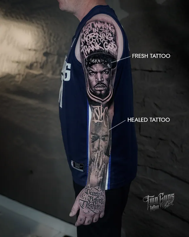 Black and grey realism portrait sleeve tattoo, shown fresh and healed
