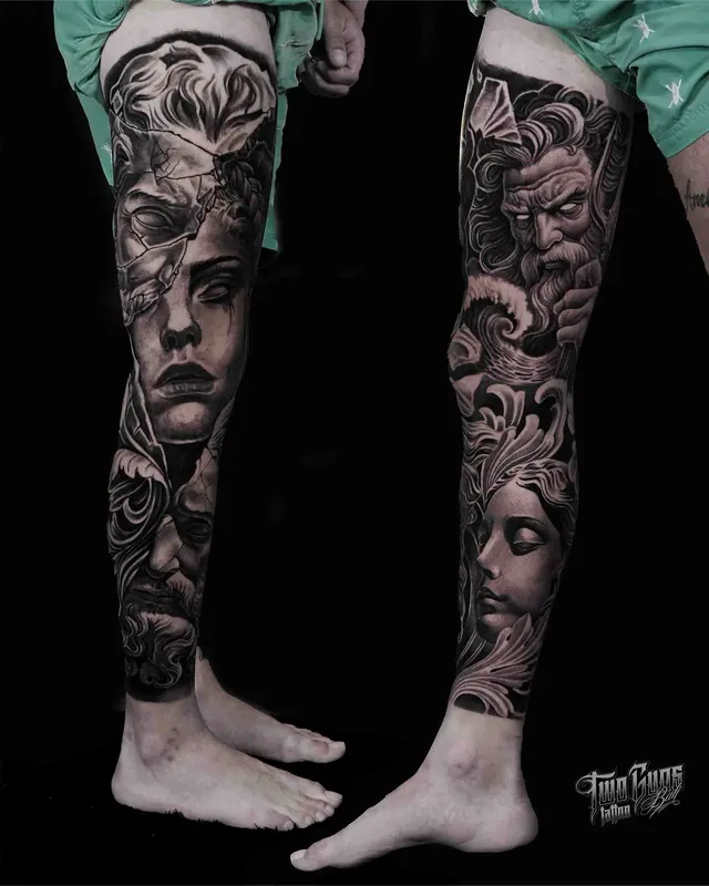 Black and grey realism leg sleeve tattoos of women's faces with ornamental work