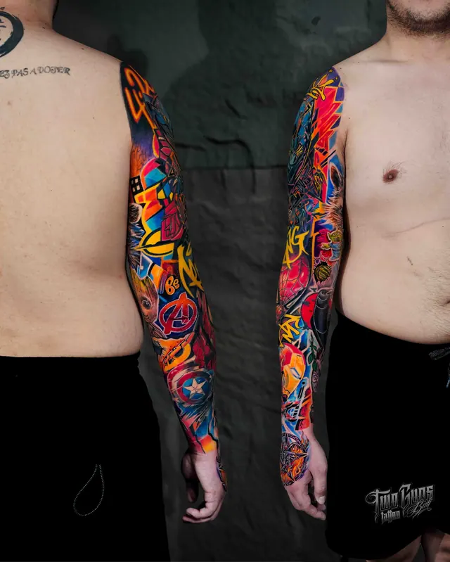 Colour comic book full sleeve tattoo of Marvel characters, shown from three angles