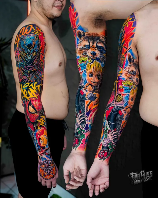 Colour full sleeve tattoo of Guardians of the Galaxy characters, shown from three angles
