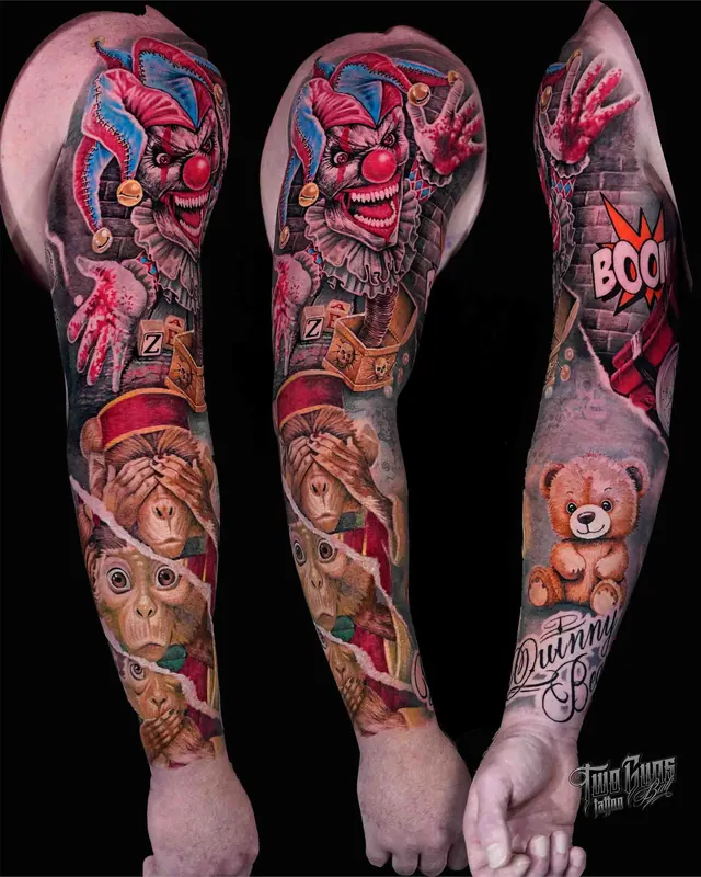 Colour horror full sleeve tattoo with a jester, a monkey and a teddy bear, shown from three angles