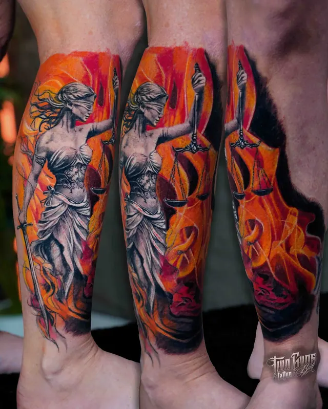 Colour forearm sleeve tattoo of the Lady Justice statue wrapped in flames, shown from three angles