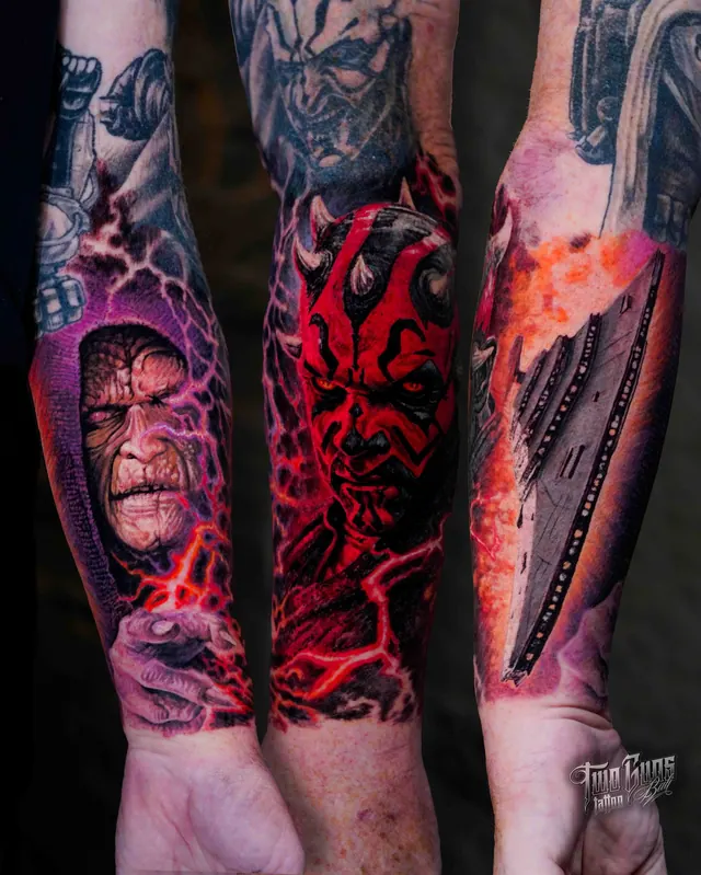 Colour realism Star Wars leg tattoos of Palpatine and Darth Maul with red lightning, three angles