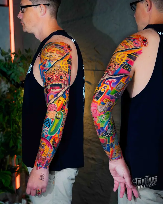 Bright colour full sleeve tattoo with a Japanese demon mask, shown from two angles