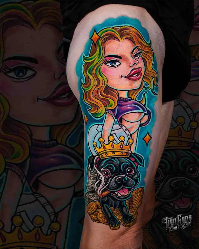 New school colour upper arm tattoo of a crowned woman and a crowned pug