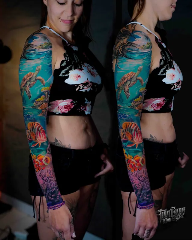 Colour tropical sea life sleeve tattoos on a woman, shown from two angles