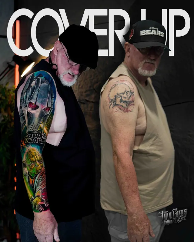 Cover-up tattoo before and after: old arm tattoos covered with a colour realism Star Wars full sleeve
