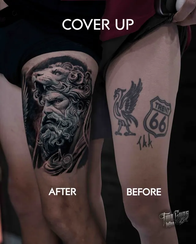 Cover-up tattoo before and after: old colour thigh pieces covered with a black and grey Greek god bust