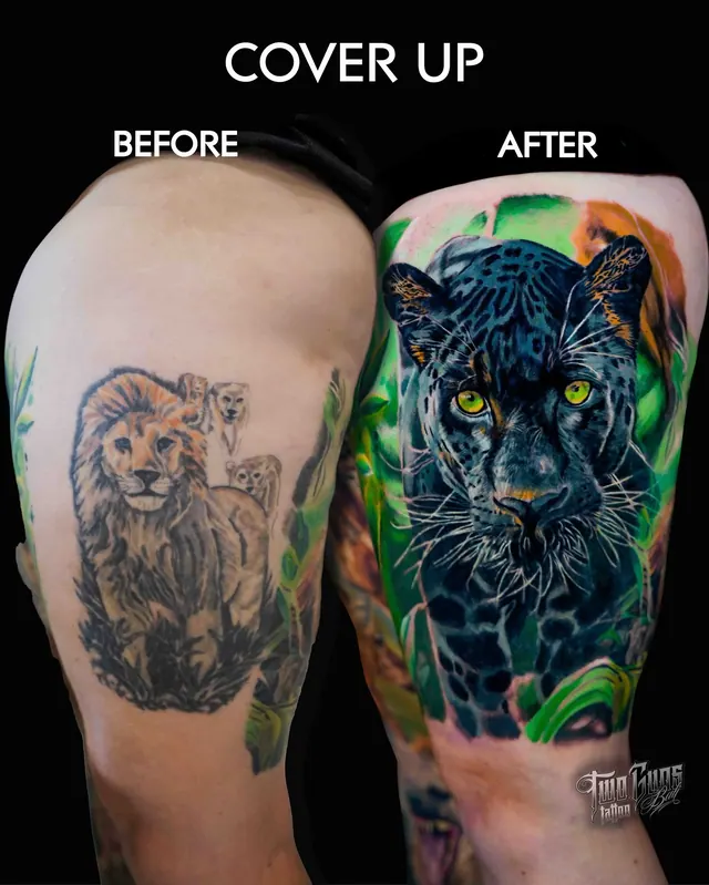 Cover-up tattoo before and after: an old colour lion thigh piece covered with a colour realism black panther