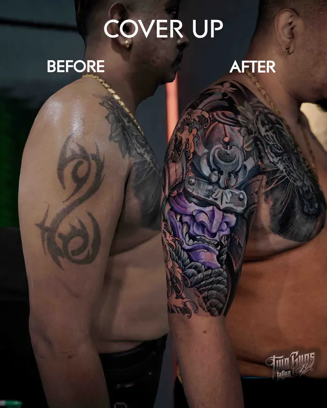 Cover-up tattoo before and after: a tribal dragon on the shoulder covered with a colour floral half sleeve