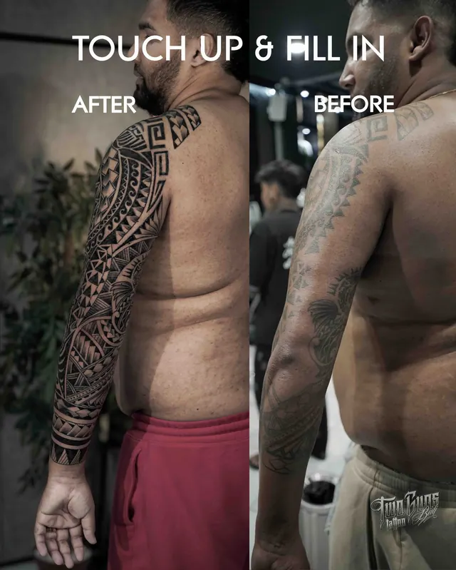 Geometric Polynesian arm and chest tattoo before and after a touch up and fill in