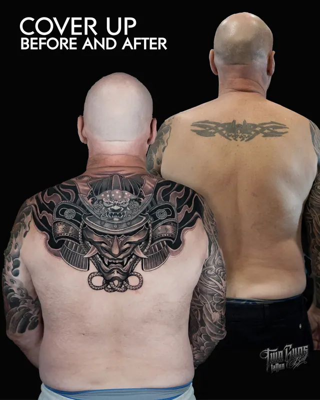 Cover-up tattoo before and after: a small tribal back piece covered with a black and grey samurai helmet