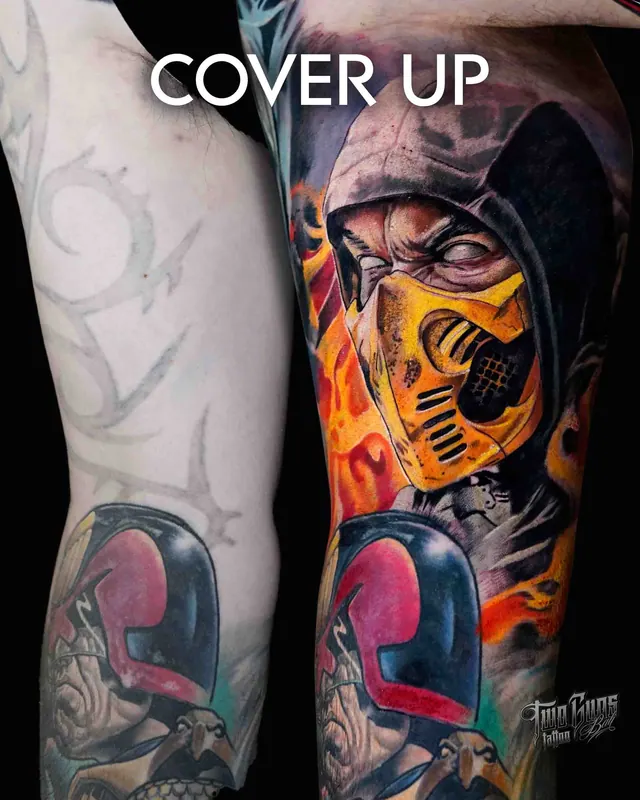 Cover-up tattoo before and after: an old arm piece covered with colour realism Scorpion in flames