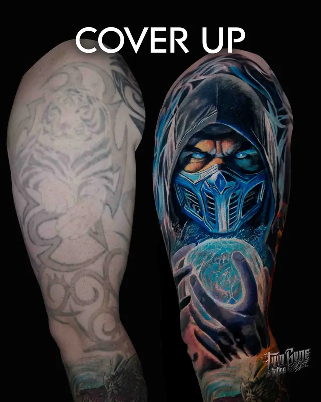 Cover-up tattoo before and after: old tribal work covered with a colour realism Sub-Zero upper arm piece