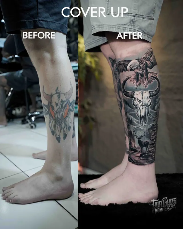 Cover-up tattoo before and after: a faded colour lower leg piece covered with a black and grey knight and skull