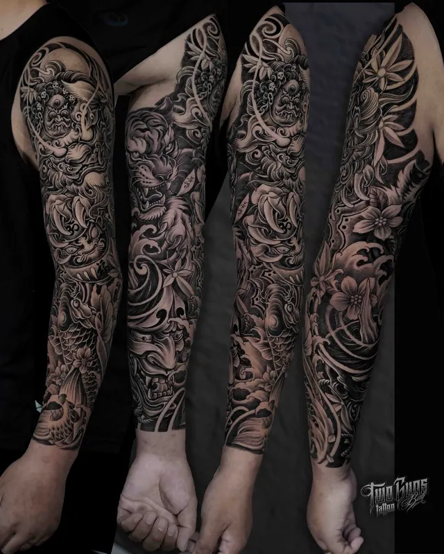 Black and grey Japanese full arm sleeve tattoo with a dragon and florals, four angles