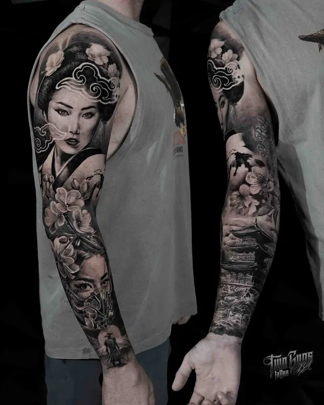 Black and grey Japanese full sleeve tattoo of geisha faces, shown from two angles