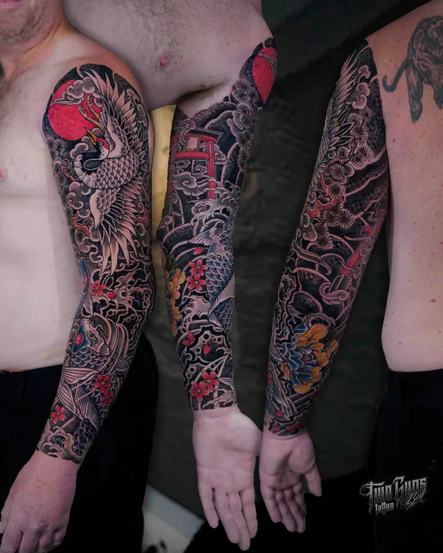 Japanese full sleeve tattoos in black and red with koi and a dragon, three angles