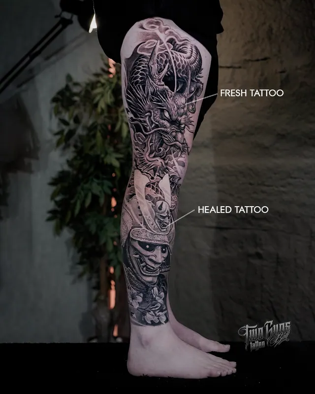 Black and grey Japanese full leg sleeve tattoo shown fresh at the top and healed below