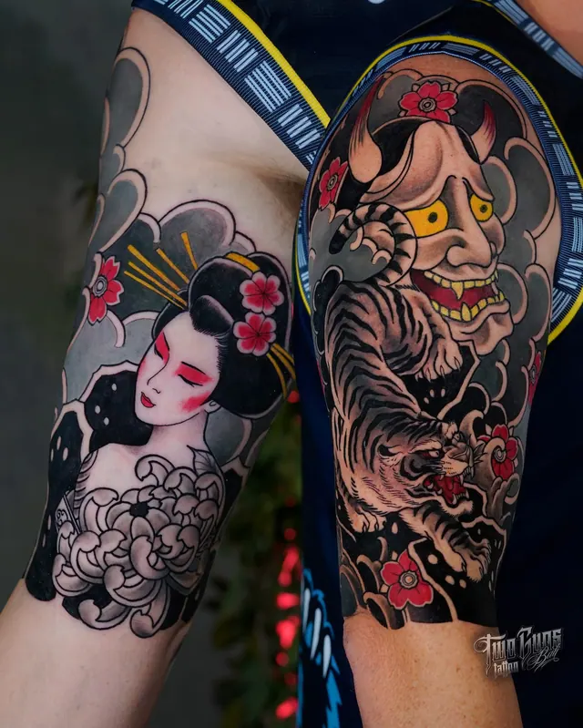 Japanese upper arm tattoo of a geisha with an oni mask