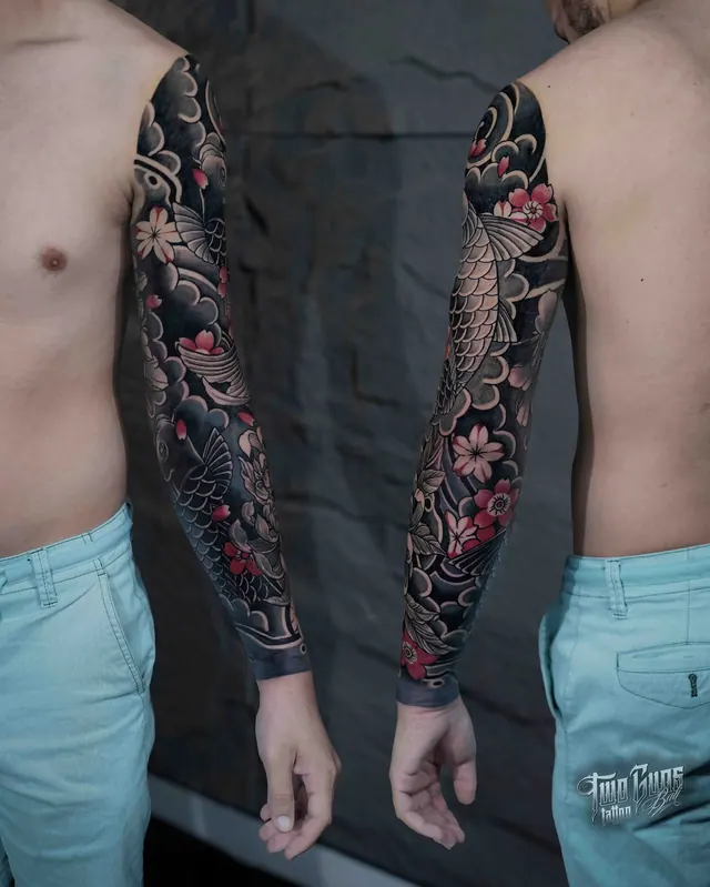 Japanese full sleeve tattoo of koi and cherry blossoms, shown from two angles
