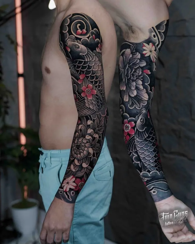 Black and grey Japanese full sleeve tattoo of koi and cherry blossoms, two angles
