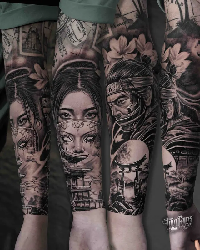 Black and grey Japanese forearm tattoos of geisha faces and temples, several angles